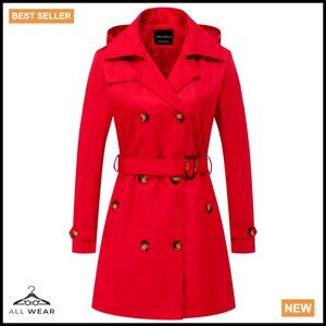 Classic Double-Breasted Trench Coat Slim Fit Detachable Hood Waterproof